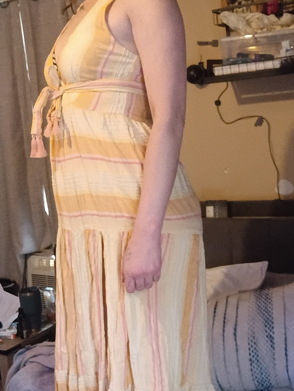 Yellow Striped Sleeveless Tie-Waist Maxi Dress